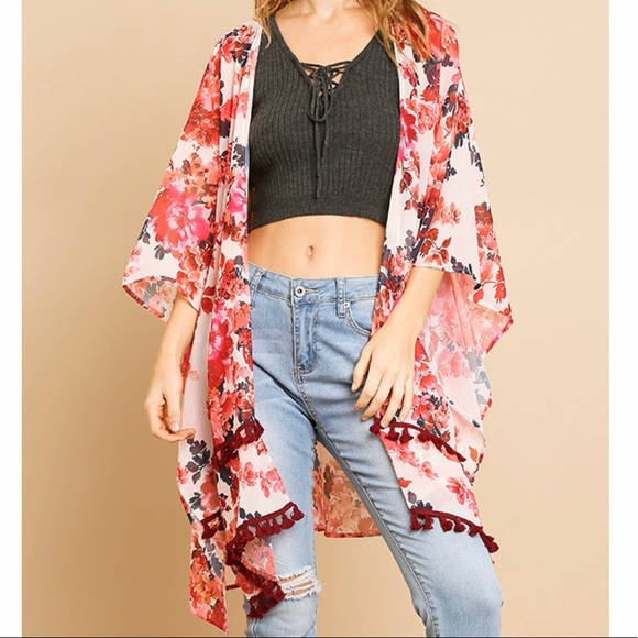 Floral Print Kimono with Tassel Trim - Picture 2 of 5
